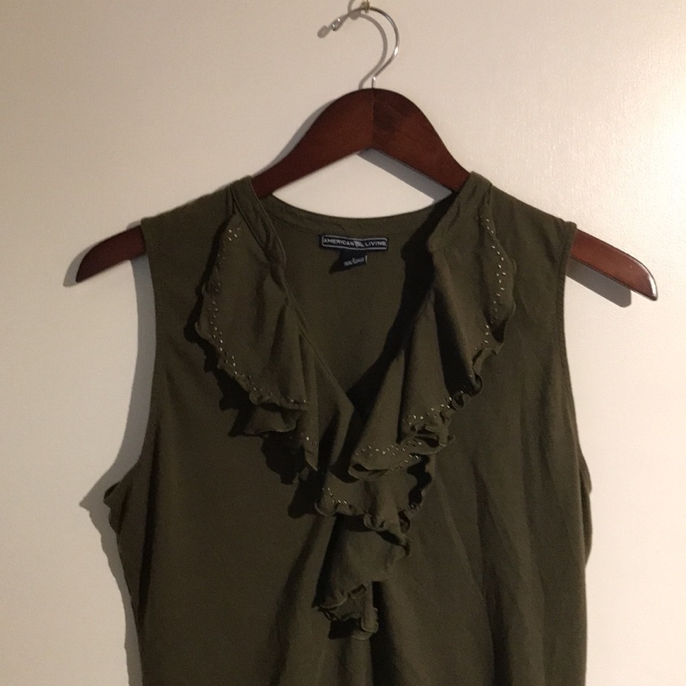 American Living Women's Olive Ruffle Neck Sleeveless Cotton Blouse Top Size L - Picture 15 of 16
